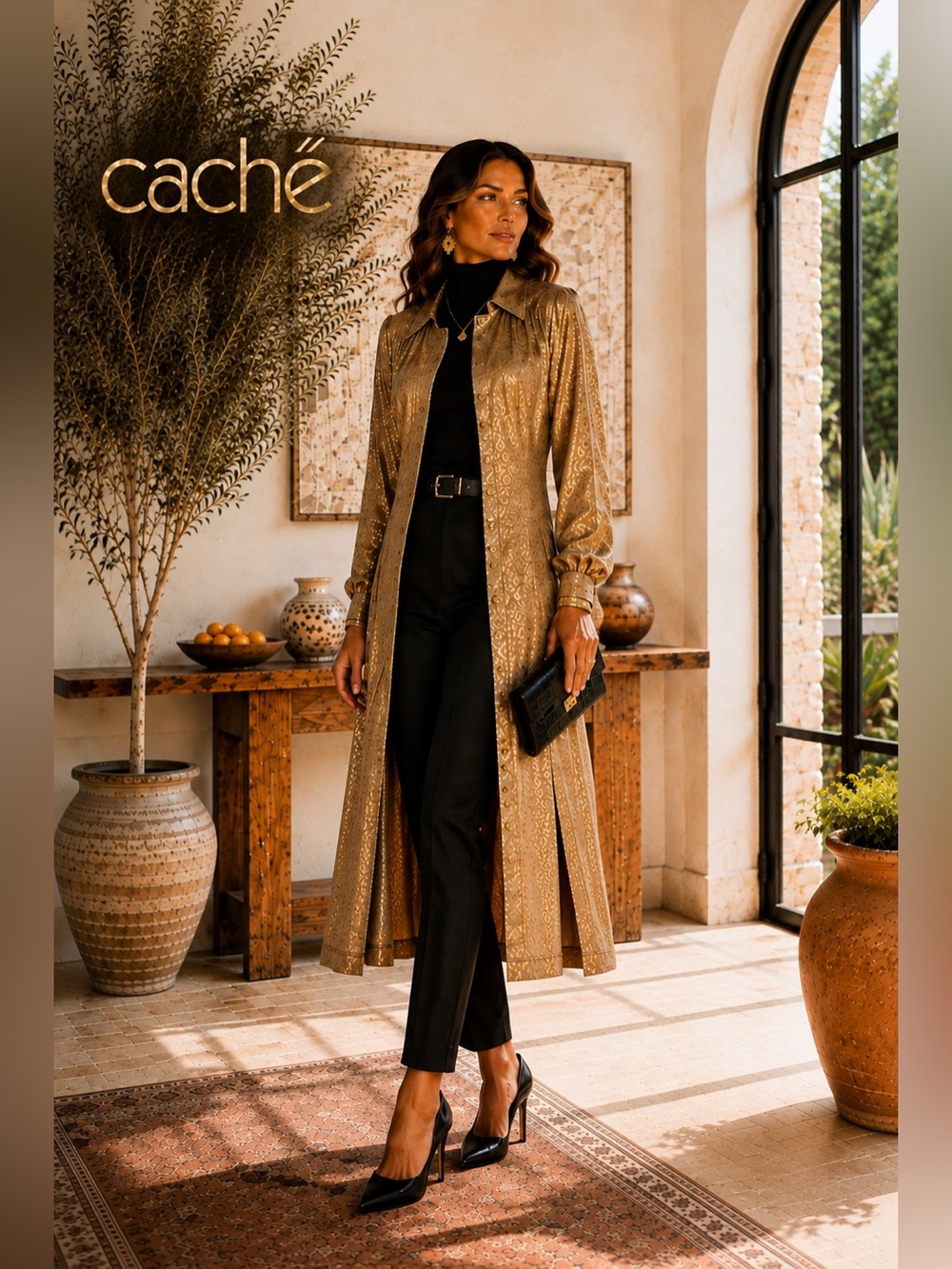 Cache VTG Gold Shimmer Button Front Duster Jacket Leopard Party Layer Size 10 - Picture 2 of 14